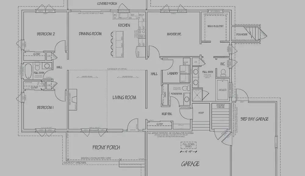 Floor plan of a single-story home featuring three bedrooms, two full bathrooms, a kitchen, dining and living rooms, a front porch, and a garage.