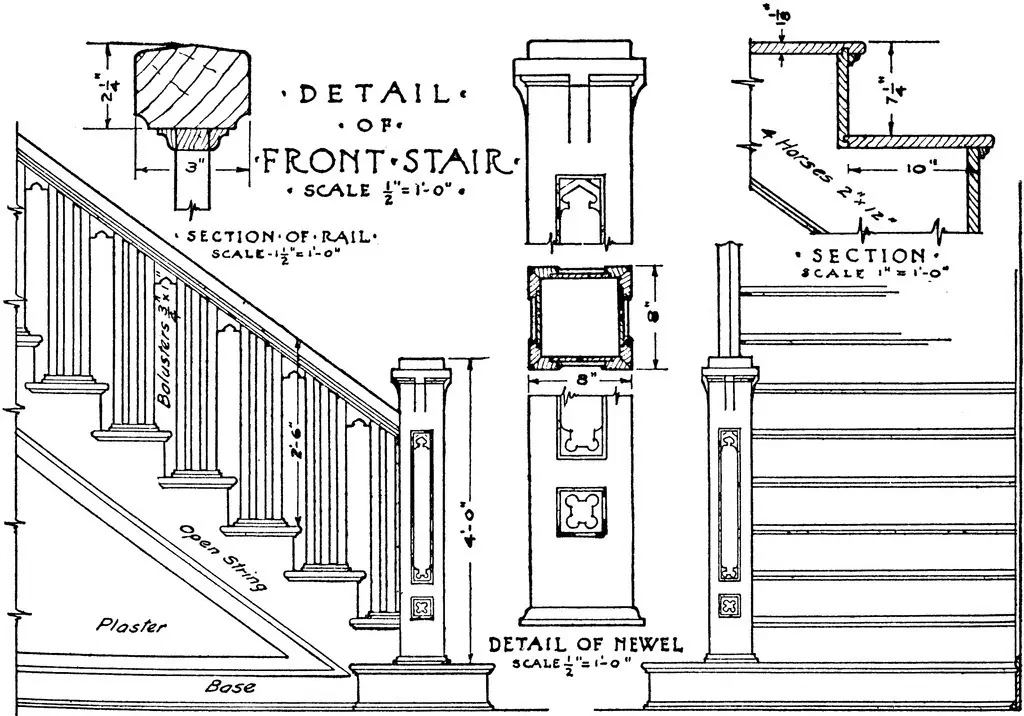 Architectural drawing detailing the front stair design, including sections of the rail, newel post, and balusters, with measurements provided.